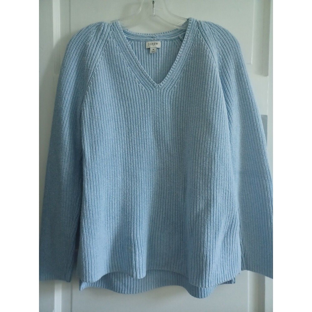 J. Crew light blue shaker stitch Vneck sweater women's M cotton fisherman chunky